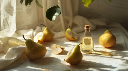 Still life of fresh pears with a bottle of pear essence on a softly lit table, capturing their natural beauty and simplicity.