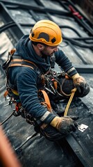 Construction worker installing bitumen membrane waterproofing on a roof