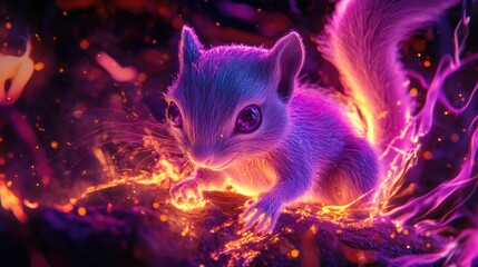 A beautiful giant white chipmunks, a slunted eyes, in the fire theme, she is flaming all over the places, lights up the face, purple color fire, the whole body is on fire, micro, photography,