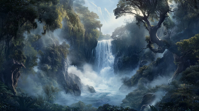  A misty forest a waterfall plunging into a deep ravine, surrounded by trees and dense undergrowth.