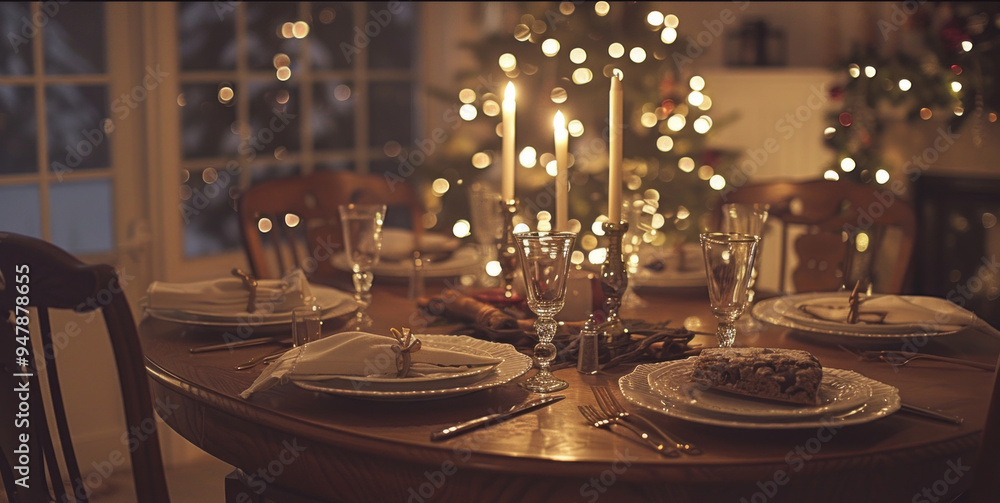 Poster a table with a christmas tree and candles on it