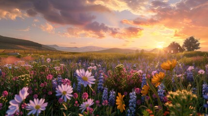 Fototapeta premium Golden Hour Glow Wildflower Farm Awakens to the Sun's Warm Embrace