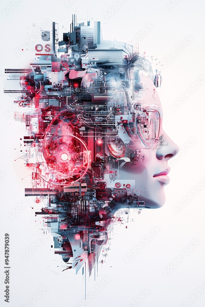 Poster an abstract piece of art evolves on a digital platform, driven by ai algorithms, with surrounding sp
