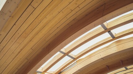 Obraz premium The image showcases a beautifully crafted architectural wooden ceiling with smooth, overlapping curves and natural light streaming through transparent spaces.