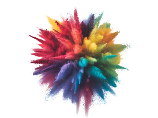 A top-down photo displays a vibrant splash of powder in a spectrum of colors—red, orange, yellow, green, blue, indigo, and violet. Set against a white background, 