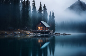Fototapeta premium Cabin on the shore of a lake surrounded by trees