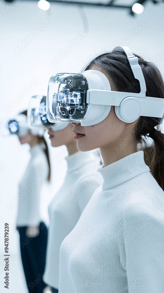 Poster a digital gallery showcasing ai-generated art, with viewers interacting with the pieces through virt
