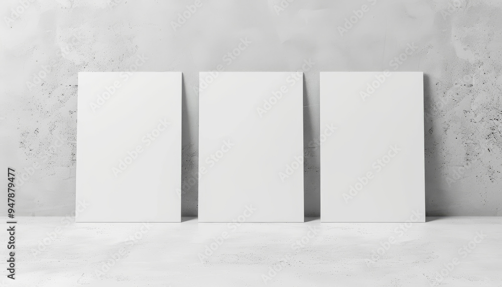 Aufkleber three blank a4 paper mockup on grey background in front view