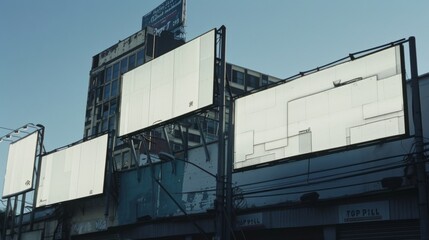 Obraz premium Several large, white, blank billboards stand tall against a cityscape backdrop, waiting to convey messages or advertisements.