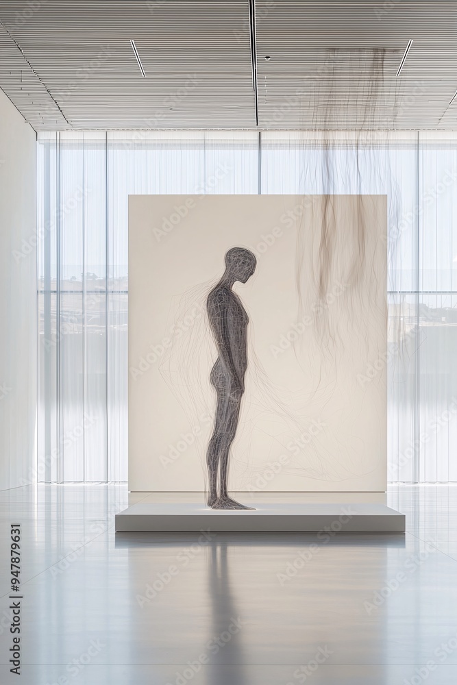 Poster an exhibition of ai-generated art pieces in a modern gallery, where visitors can interact with the w