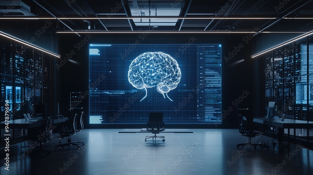 Poster a digital art piece created by ai, displayed on a large screen in a tech-driven workspace, with surr
