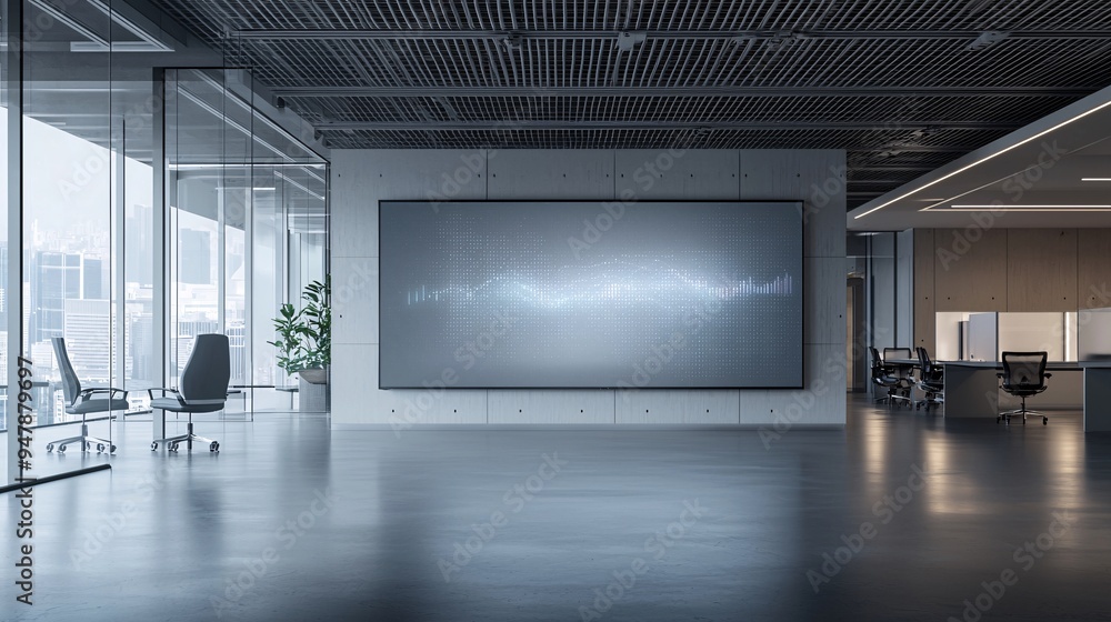Poster a digital art piece created by ai, displayed on a large screen in a tech-driven workspace, with surr