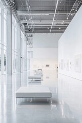 An exhibition of AI-generated art pieces in a modern gallery, where visitors can interact with the works through digital interfaces. The minimalist background provides ample copy space.