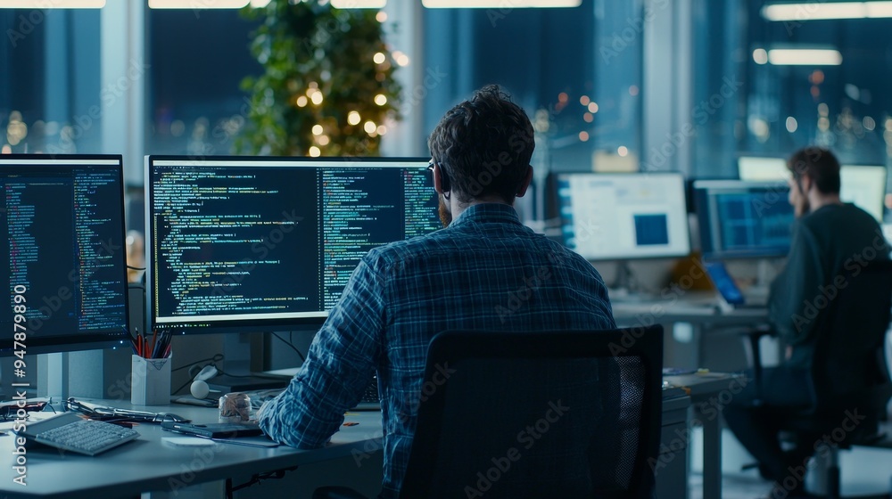 Poster diverse office: it programmer who creates innovative software. engineer who develops app, program, v