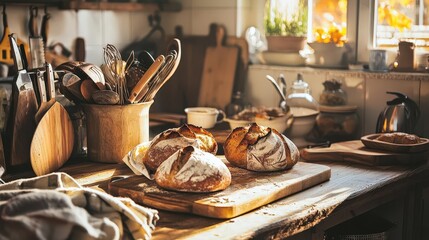 Fototapeta premium A cozy kitchen scene featuring freshly baked bread, wooden utensils, and warm sunlight illuminating the rustic space.