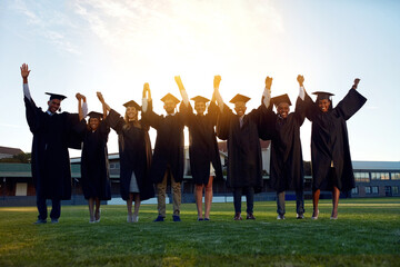 College, graduation and portrait of people with celebration for education, achievement and success. Happy, students and friends holding hands in row at field for qualification, knowledge and learning