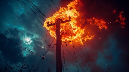 An extraordinary display unfolds as flames rise fiercely from a power pole, illuminating the dark stormy sky. The scene captures the raw power of nature and human infrastructure