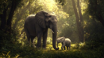 Fototapeta premium Mother Elephant and Calf in Sunlit Forest Clearing 