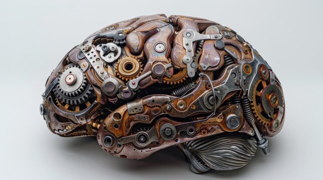 A detailed steampunk creation features a robot brain made from an array of gears, screws, and metallic elements, embodying creativity and craftsmanship in mechanical artistry