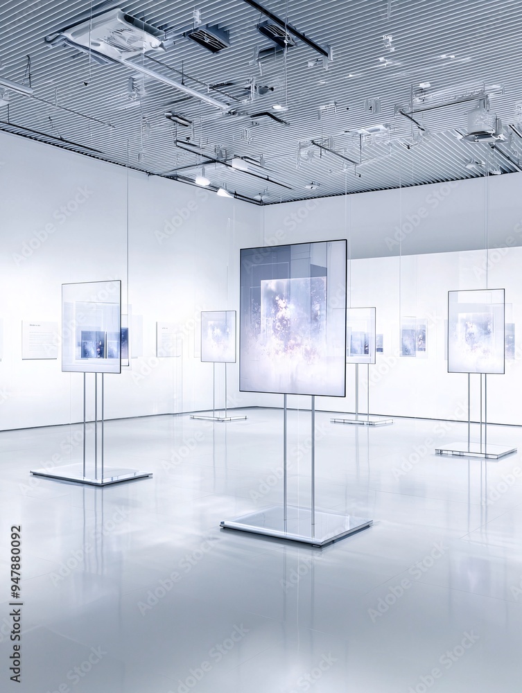 Poster a gallery display featuring ai-generated art, with interactive screens allowing viewers to explore t