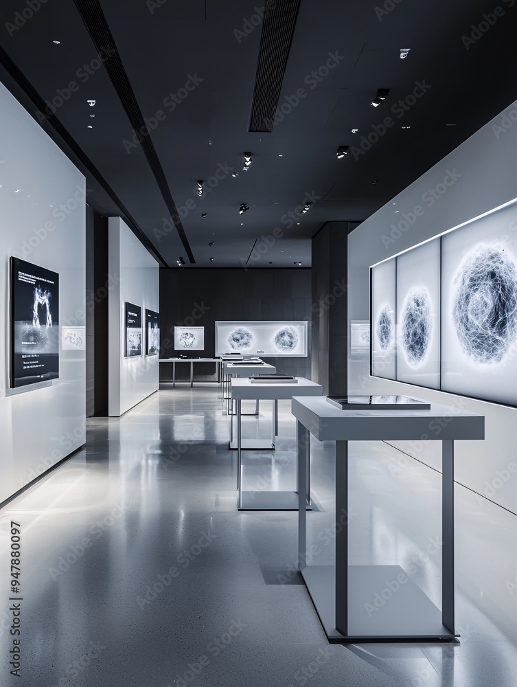 Poster a gallery display featuring ai-generated art, with interactive screens allowing viewers to explore t