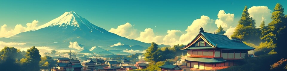 Fototapeta premium Serene Japanese Village Morning: Anime-Style Buddhist Temple and Mount Fuji Landscape. 4K Lo-Fi Aesthetic Wallpaper for Cultural Marketing, Minimalist Graphic Design, and Asian Architecture Appreciati