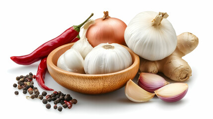 Fresh Garlic Ginger Onion Chili Peppers and Black Peppercorns in Wooden Bowl