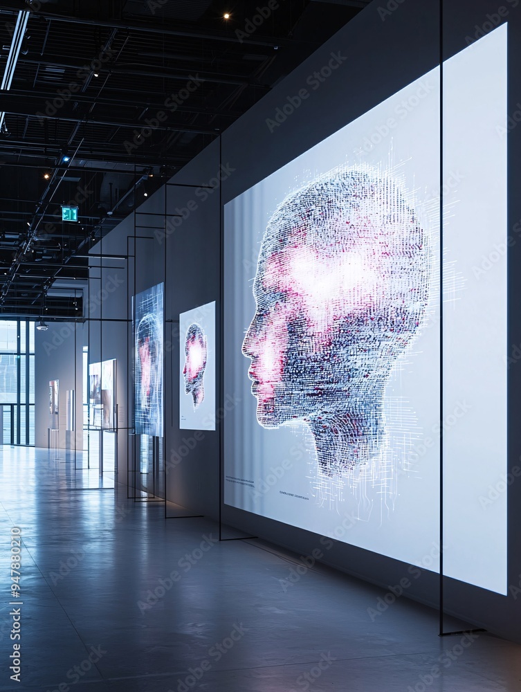 Poster a gallery display featuring ai-generated art, with interactive screens allowing viewers to explore t