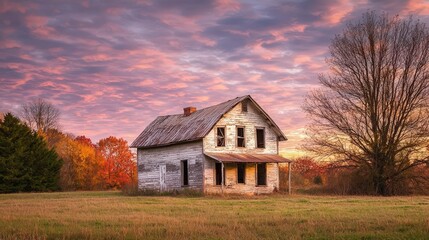 Obraz premium A rustic abandoned house surrounded by colorful autumn trees and a dramatic sky, evoking feelings of nostalgia and nature's beauty.
