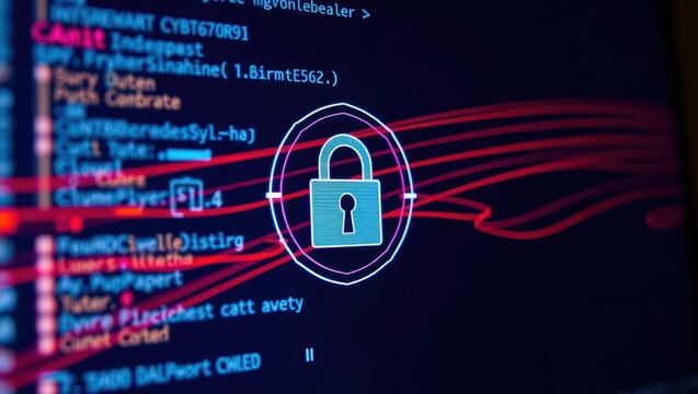 Digital Security Lock Icon on Screen with Red Lines