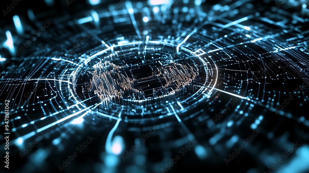 Poster a captivating abstract design filled with glowing blue lines and circular patterns, symbolizing tech