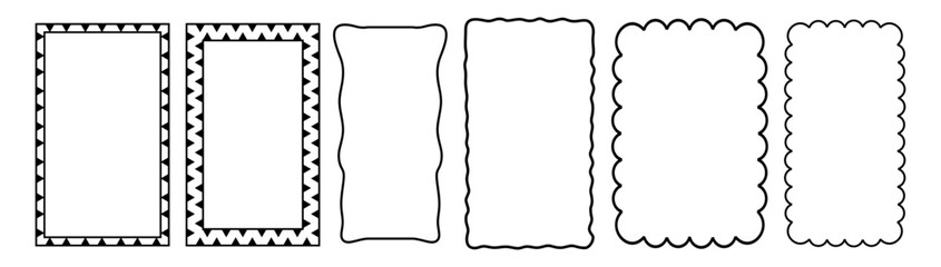 Set of rectangle frames with wavy edges. Rectangular shapes with wiggly borders. Picture or photo frames, empty text boxes, tags, labels isolated on white background. Vector graphic illustration.