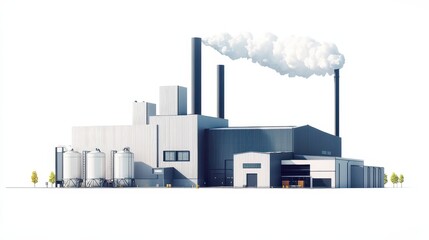 The biomass energy facility features large storage tanks and emits steam from its chimneys, highlighting renewable energy production methods