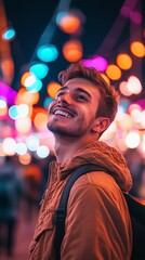 Fototapeta premium Young man smiling looking up at colorful lights at night