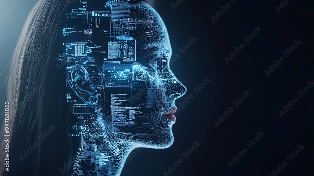 Poster an ai system and a human artist collaborate to create a unique digital masterpiece, displayed promin