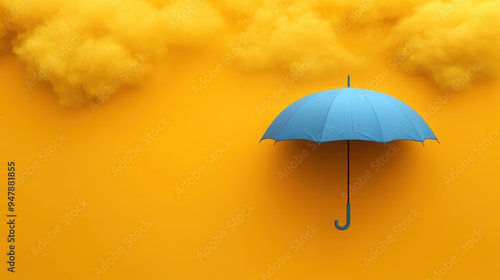 Poster 3d render white clouds an3d blue umbrella isolate3d on yellow backgroun3d weather modern minimal sce