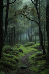 Naklejka premium A misty woodland path winds through a dense forest of towering trees..