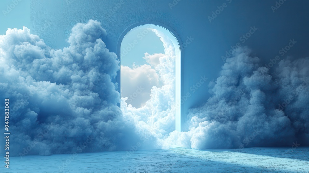 Poster 3d render white fluffy clou3d flying out the window hole in the wall minimal room interior objects i