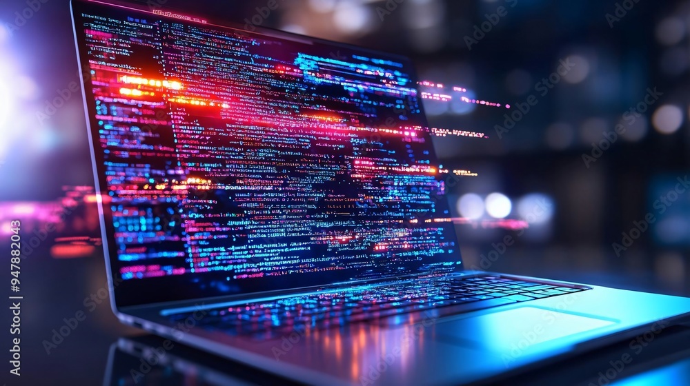 Aufkleber a modern laptop displaying vibrant code in motion, representing technology and innovation in a digit