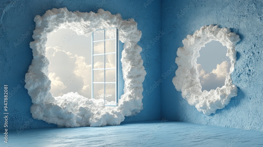 Poster 3d render white fluffy clou3d flying out the window hole in the wall minimal room interior objects i