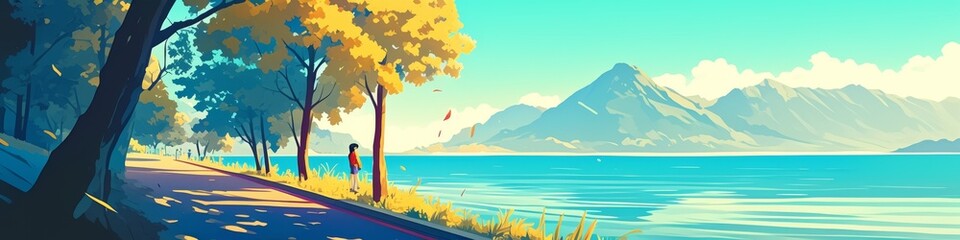 Obraz premium Tranquil Lakeside Path with Majestic Mountain Backdrop: Vibrant Anime-Style Vector Illustration for Serene Winter Wallpaper. AI-Generated 4K Graphic Design Template with Minimalist Composition and Ele