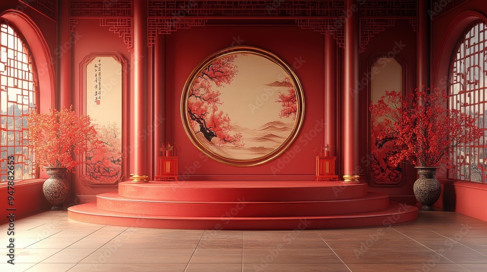 Poster 3d rendering abstract chinese style backgroun3d with empty fashion podium an3d golden folde3d fan pe