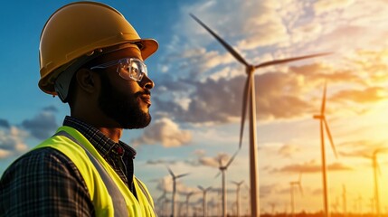 A thoughtful engineer observes wind turbines at sunset, symbolizing innovation and sustainability in renewable energy.