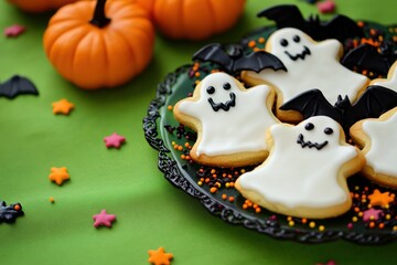 Obraz premium Festive Halloween ghost-shaped cookies with bats on a green background