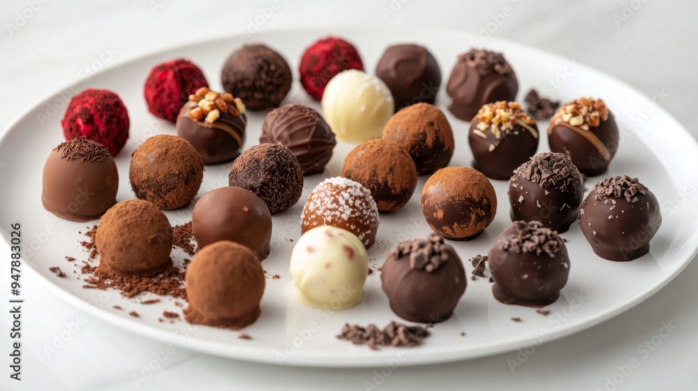 Poster A variety of chocolate truffles arranged artfully on a white plate, with different flavors and toppings, creating an elegant and appetizing display.