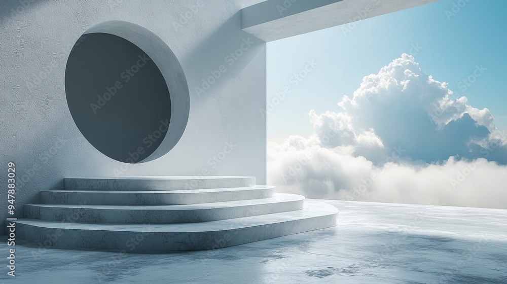 Poster 3d rendering abstract geometric backgroun3d soft realistic clouds fly inside the roun3d re3d hole on