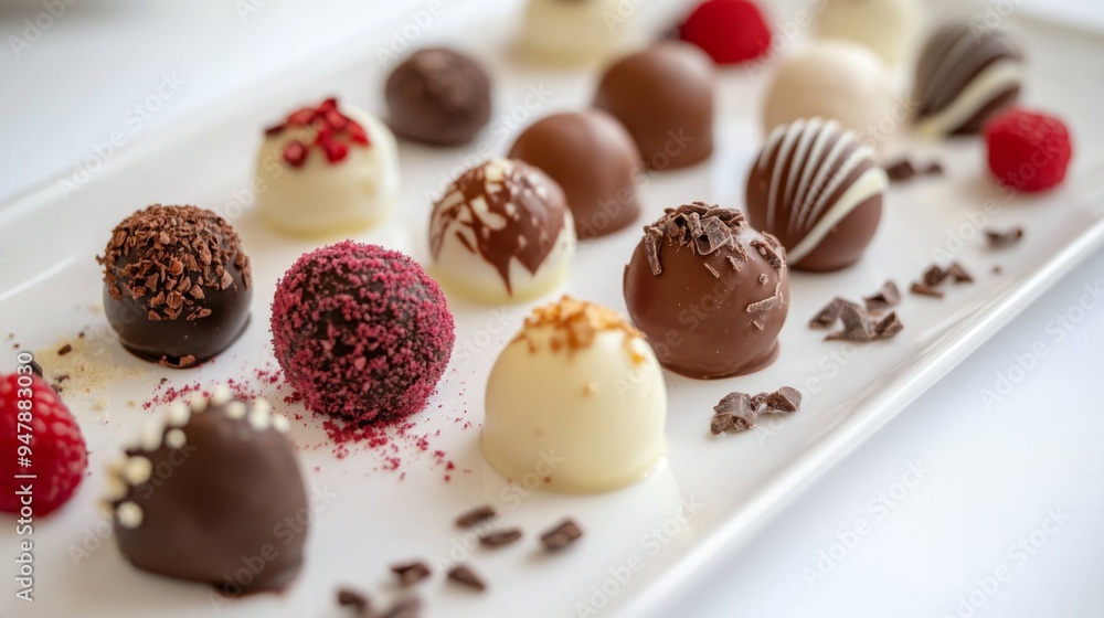 Poster a variety of chocolate truffles arranged artfully on a white plate, with different flavors and toppi
