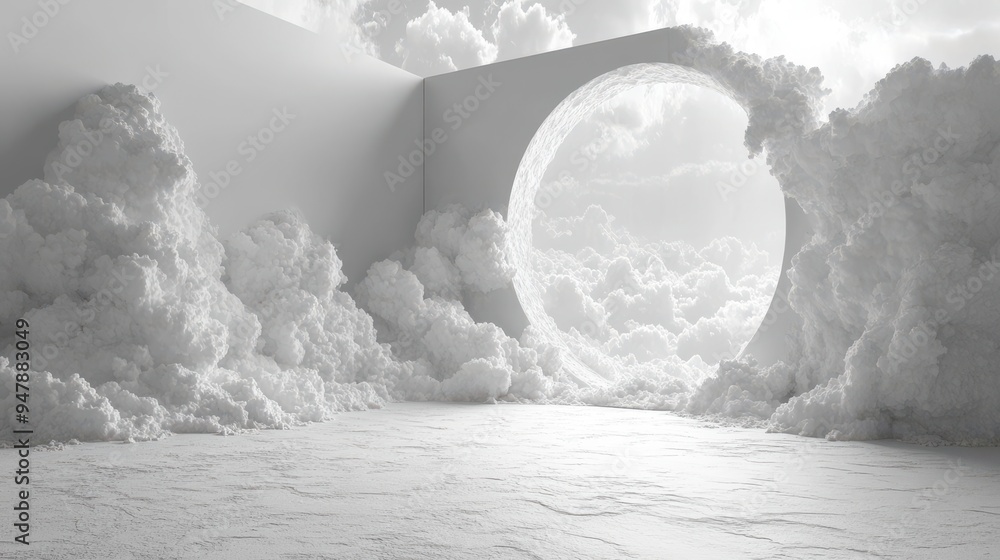 Poster 3d rendering abstract geometric backgroun3d soft realistic clouds fly inside the roun3d re3d hole on