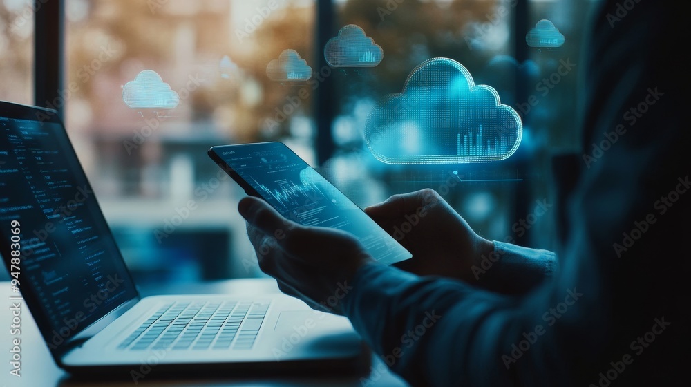 Aufkleber 'Cloud Computing' is technology for transferring data over the Internet to cloud servers connected to computer business networks in the future.