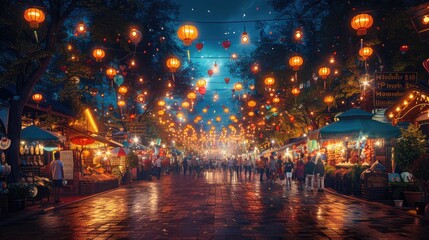 Obraz premium A bustling night market scene with numerous tents and stalls, illuminated by hanging lanterns, and filled with people walking and exploring various goods and food.